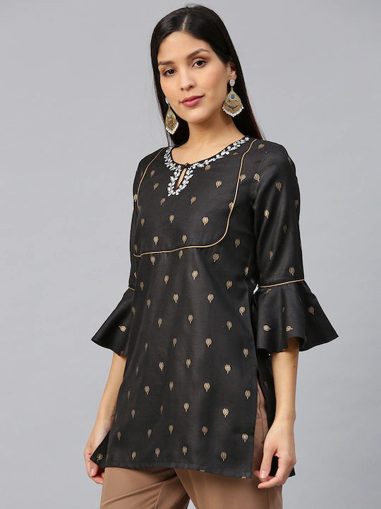 Bhama Couture Black & Golden Printed Pure Cotton Straight Tunic