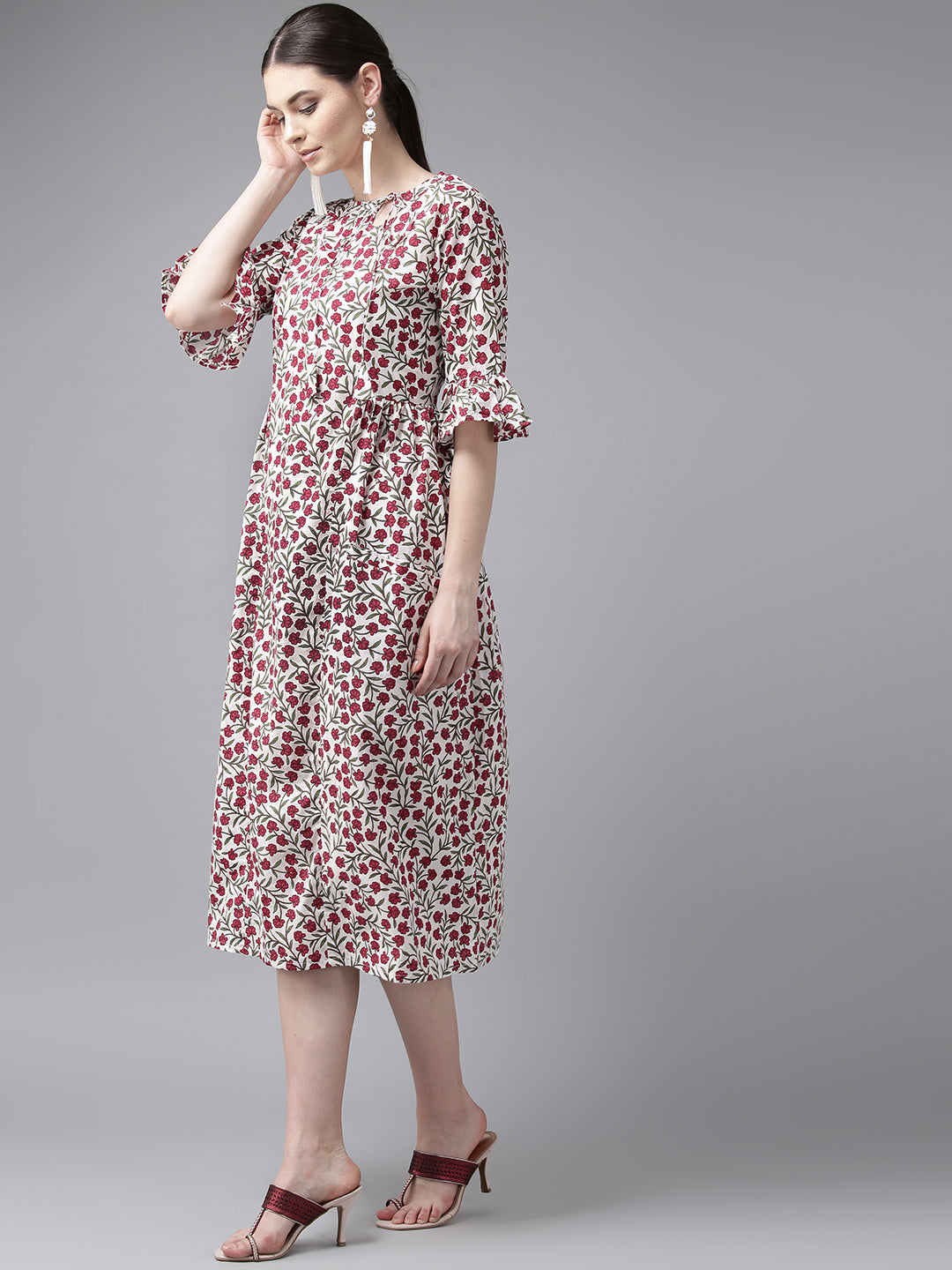 Bhama Couture White & Maroon Floral Print A-Line Kurta