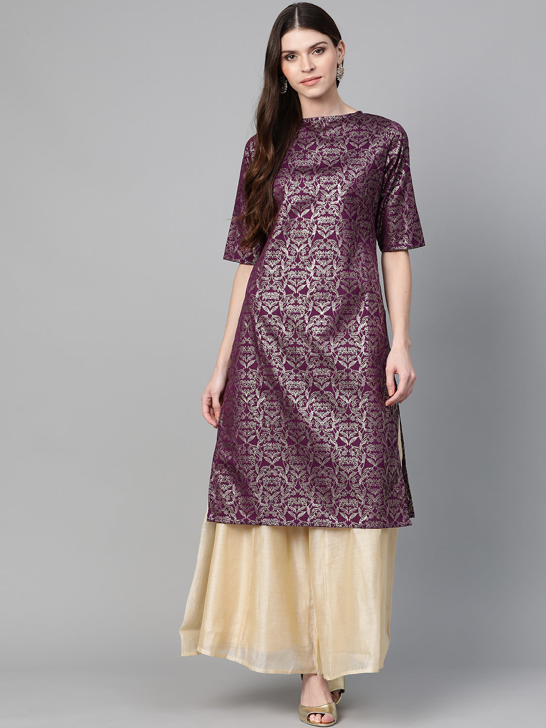 Bhama Couture Women Purple & Golden Block print Straight Kurta