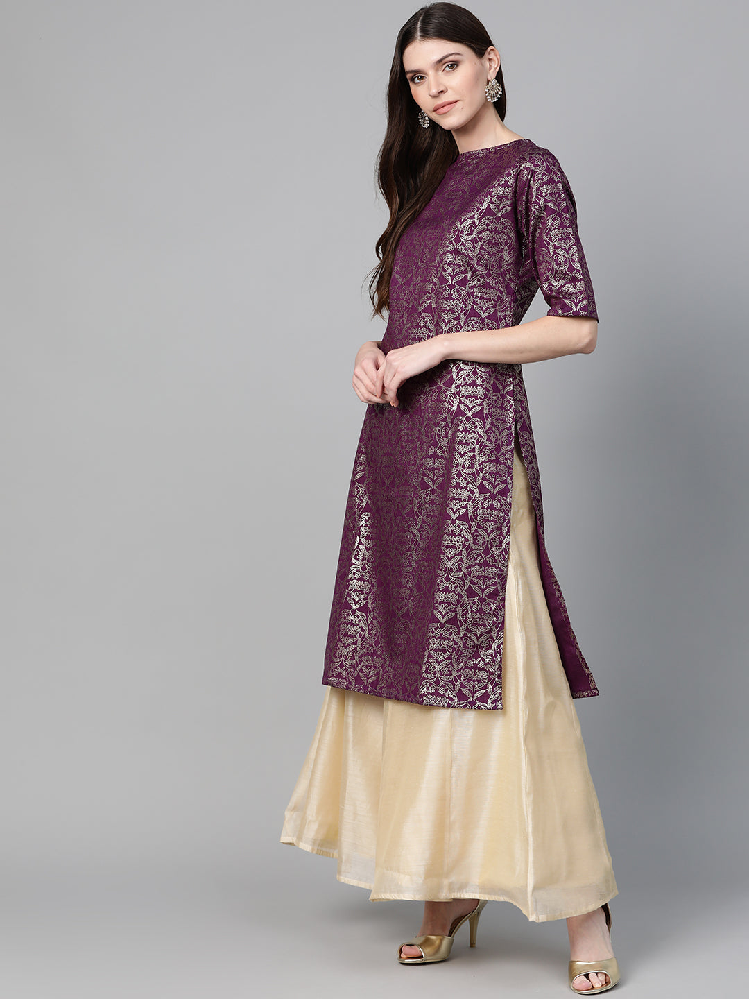 Bhama Couture Women Purple & Golden Block print Straight Kurta