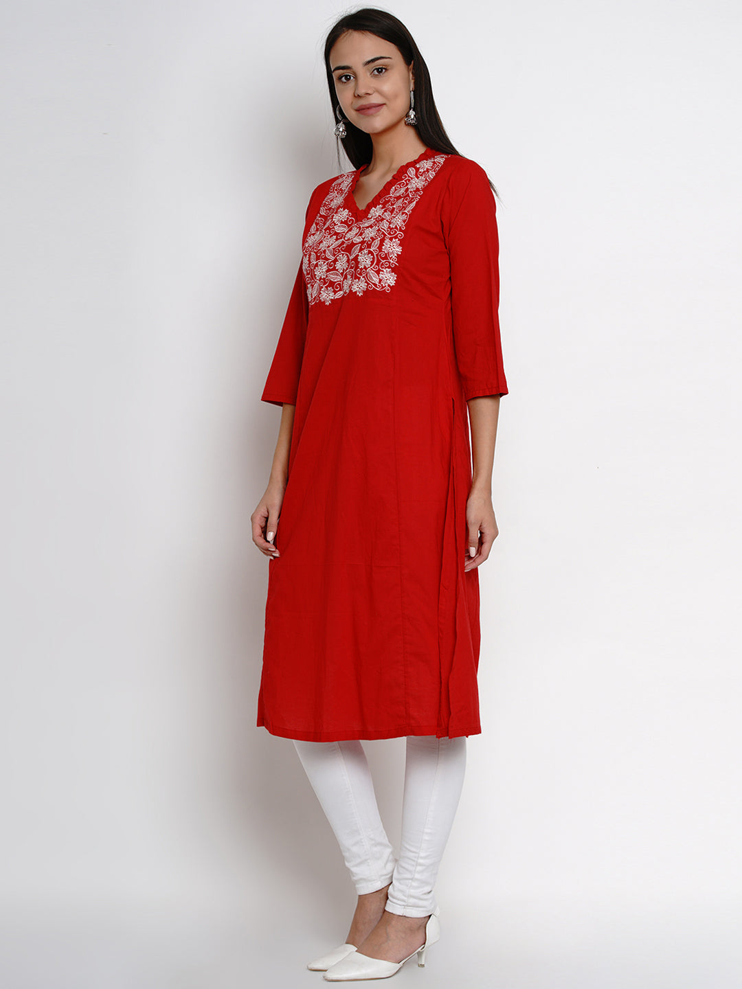 Bhama CoutureÃ‚Â Red Kurta With White Yoke Embroidered Design Straight Kurta