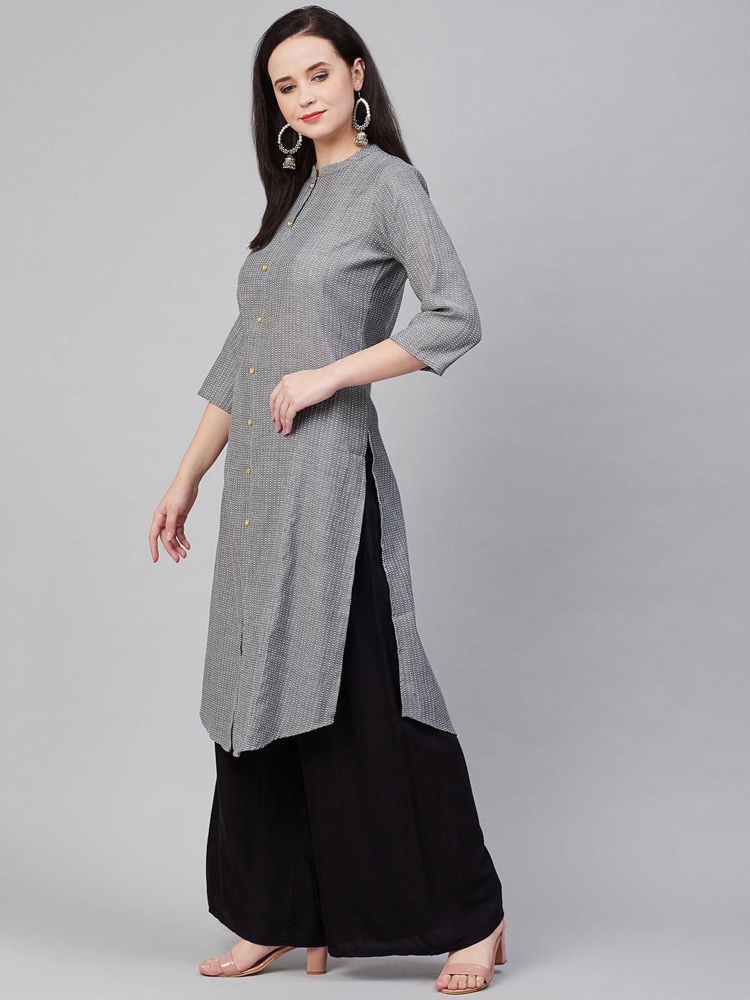 Bhama Couture Women Charcoal Grey & White Self-Striped Straight Kurta