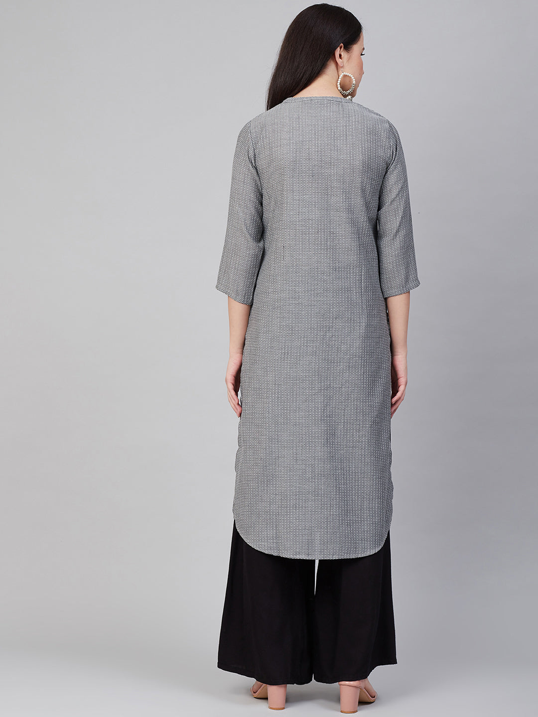 Bhama Couture Women Charcoal Grey & White Self-Striped Straight Kurta