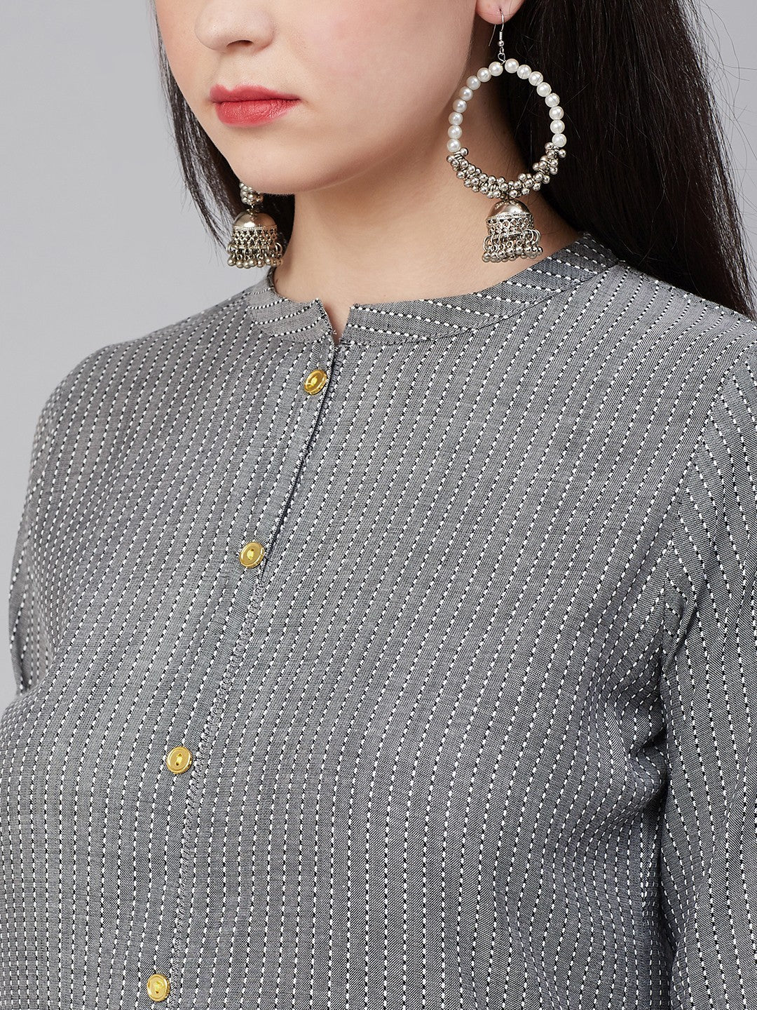 Bhama Couture Women Charcoal Grey & White Self-Striped Straight Kurta