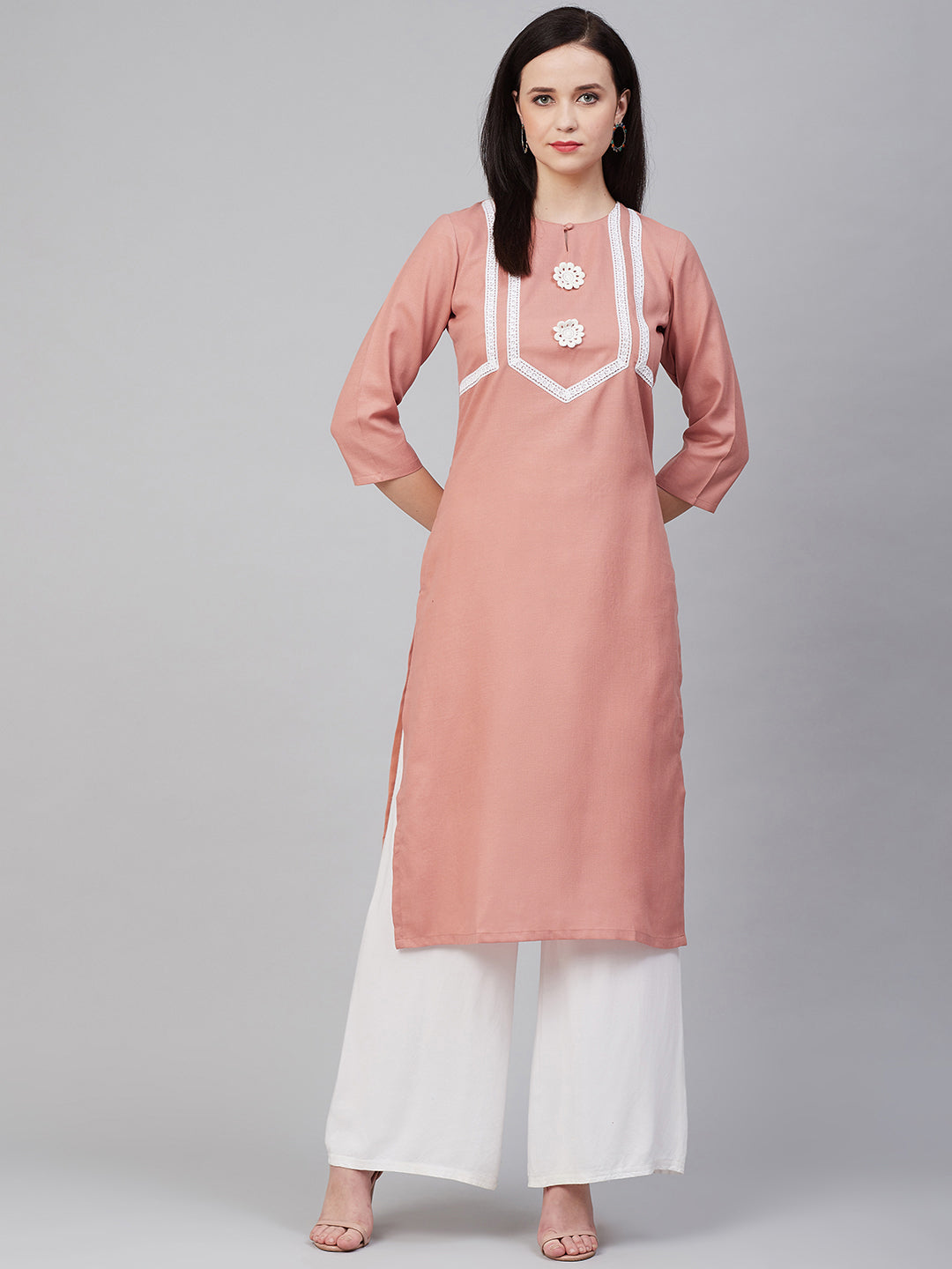 Bhama Couture Peach-Coloured & White Lace Detailed Straight Kurta