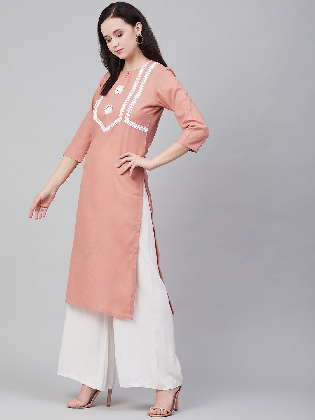 Bhama Couture Peach-Coloured & White Lace Detailed Straight Kurta
