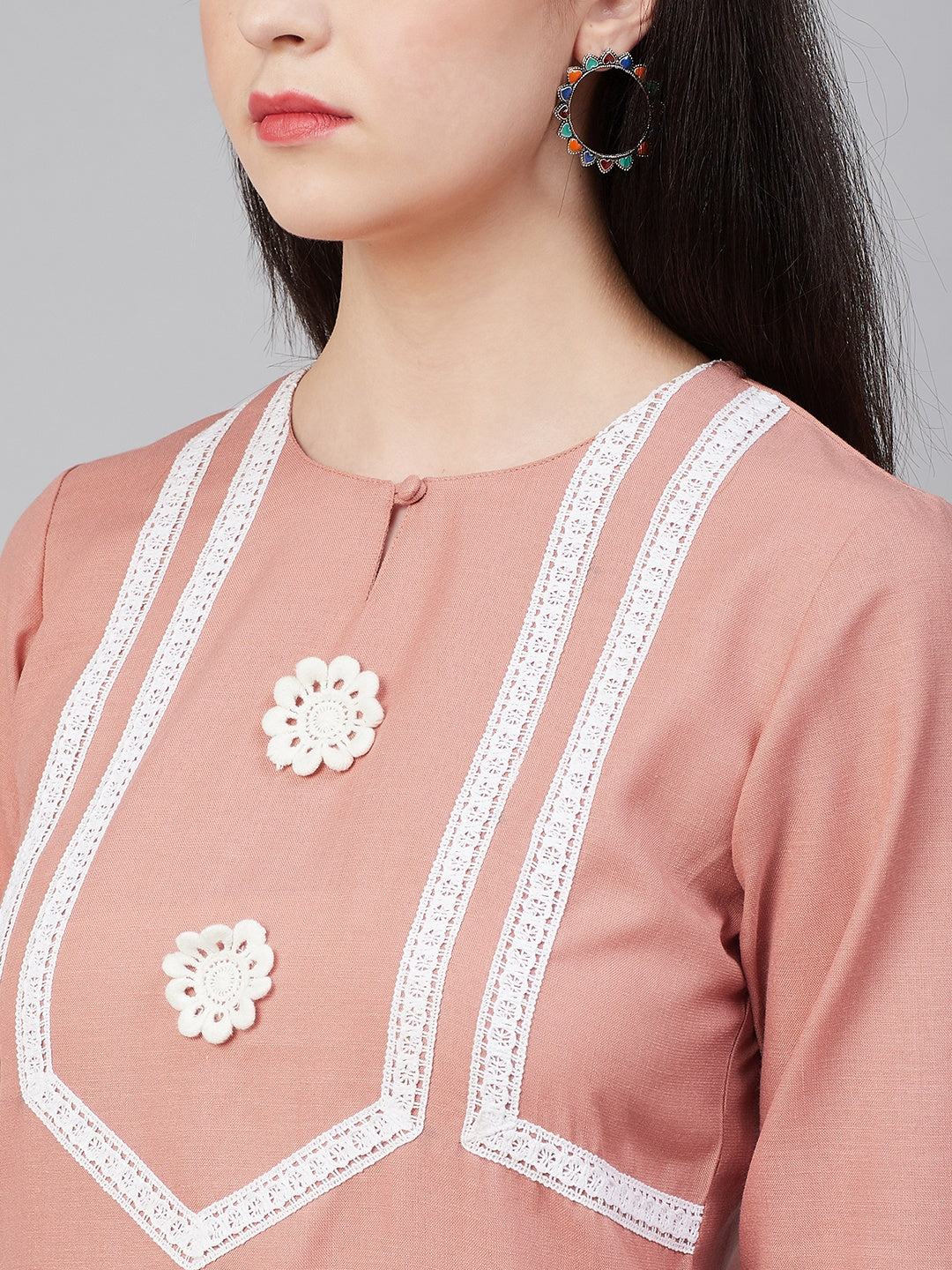 Bhama Couture Peach-Coloured & White Lace Detailed Straight Kurta