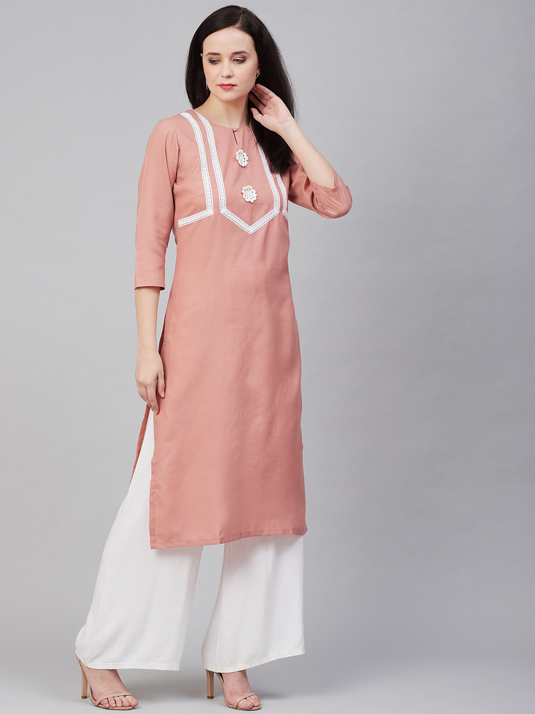 Bhama Couture Peach-Coloured & White Lace Detailed Straight Kurta
