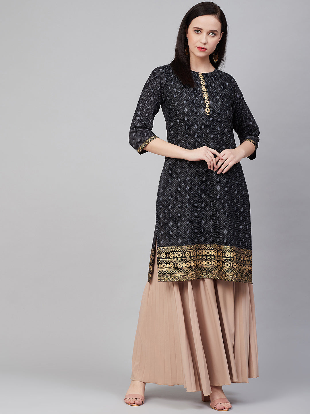 Bhama Couture Black Golden Block Print Straight Kurta