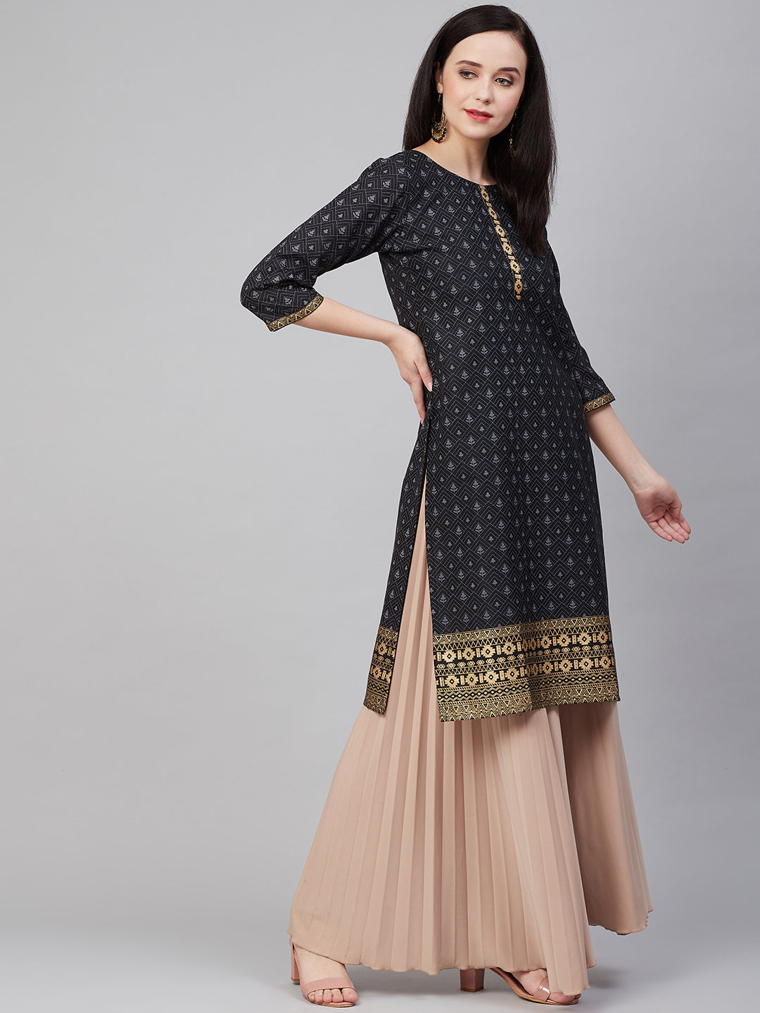 Bhama Couture Black Golden Block Print Straight Kurta