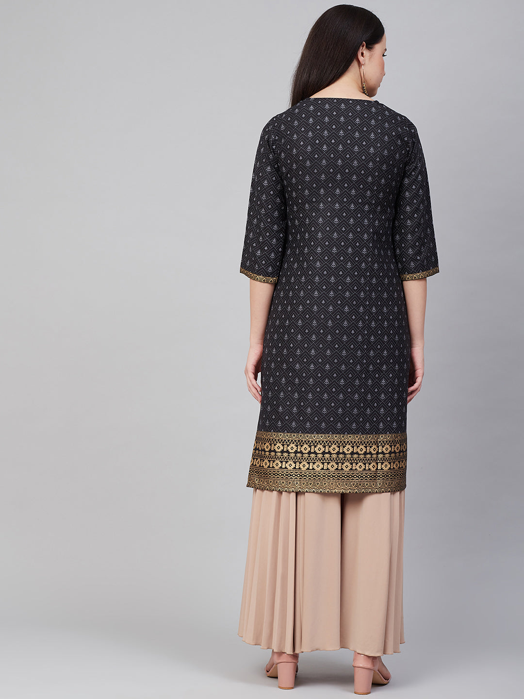 Bhama Couture Black Golden Block Print Straight Kurta
