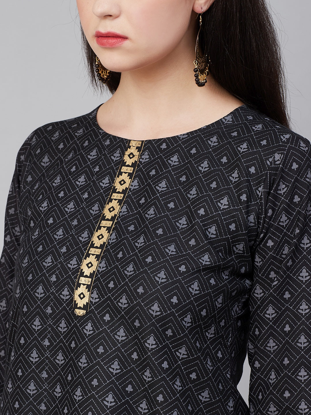 Bhama Couture Black Golden Block Print Straight Kurta