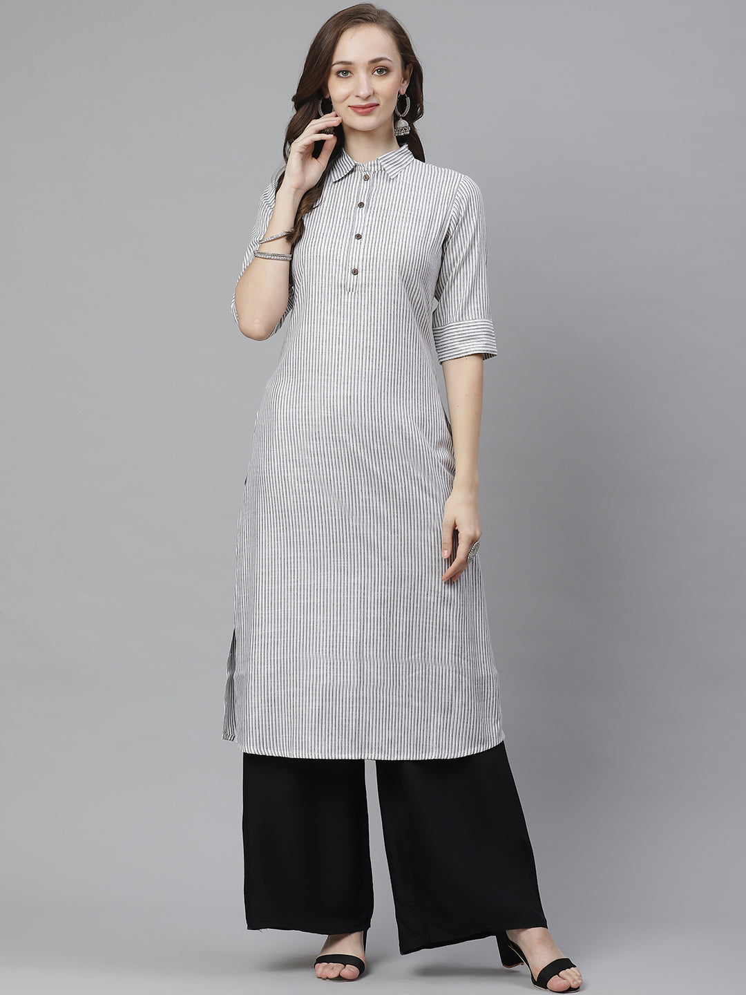 Bhama Couture Women White & Grey Striped Straight Kurta