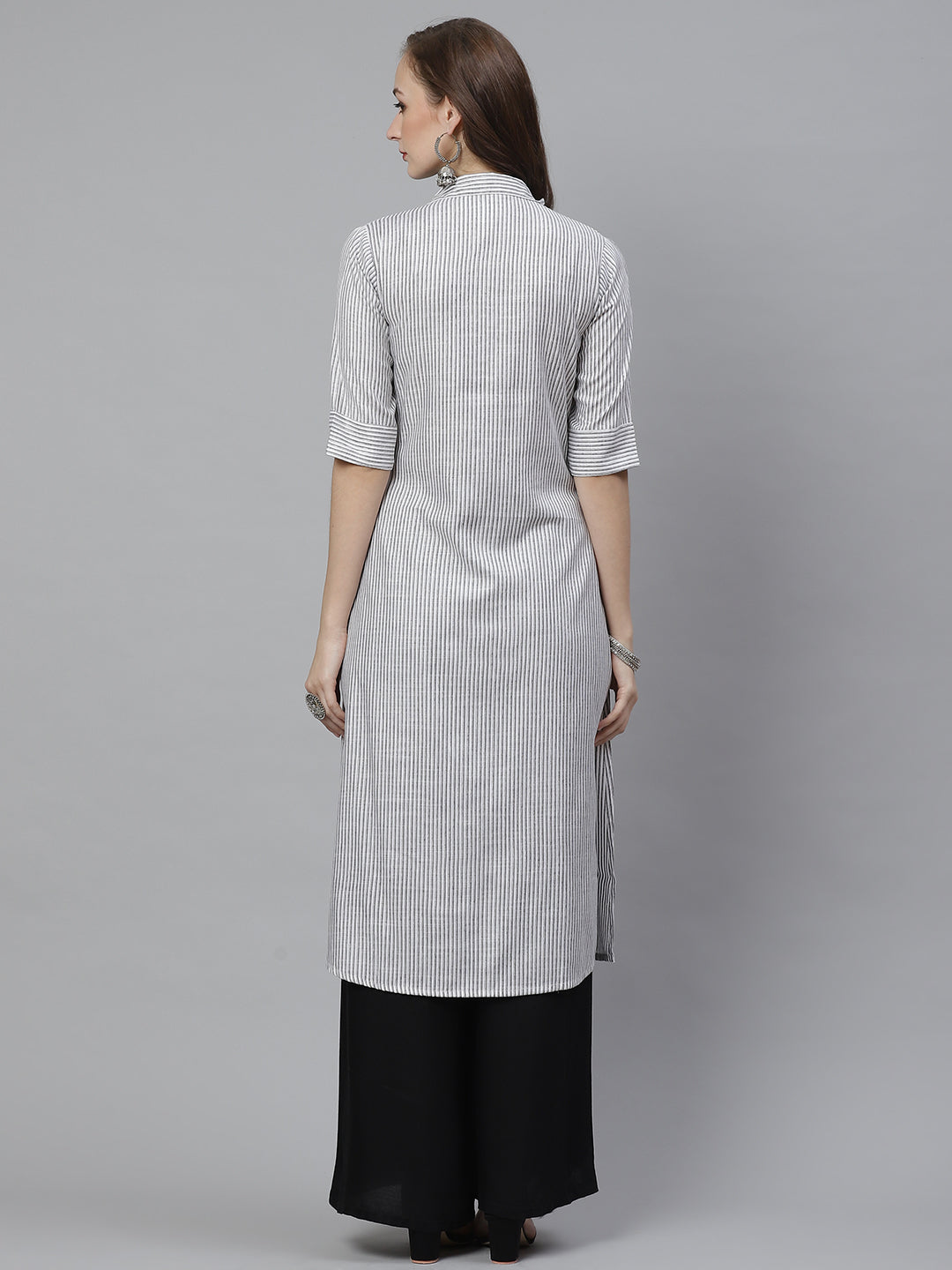 Bhama Couture Women White & Grey Striped Straight Kurta