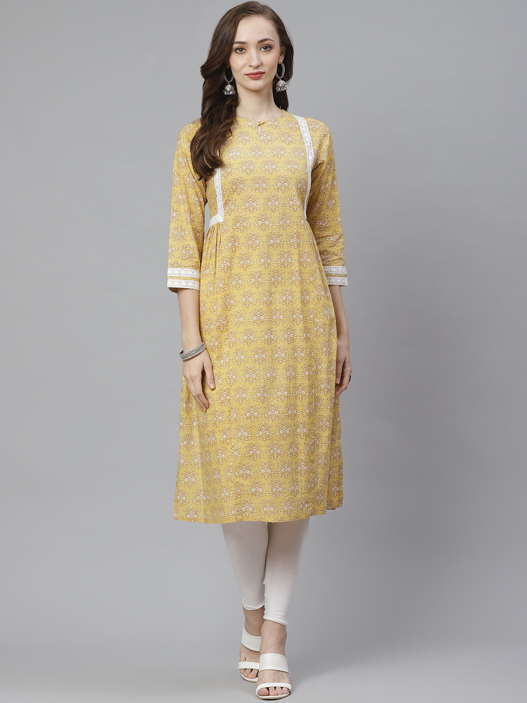 Bhama Couture Yellow & Beige Ethnic Print A-Line Kurta
