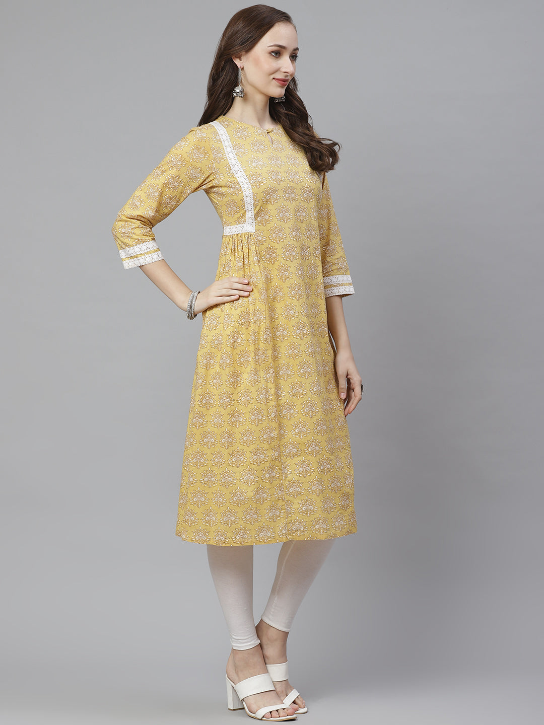 Bhama Couture Yellow & Beige Ethnic Print A-Line Kurta