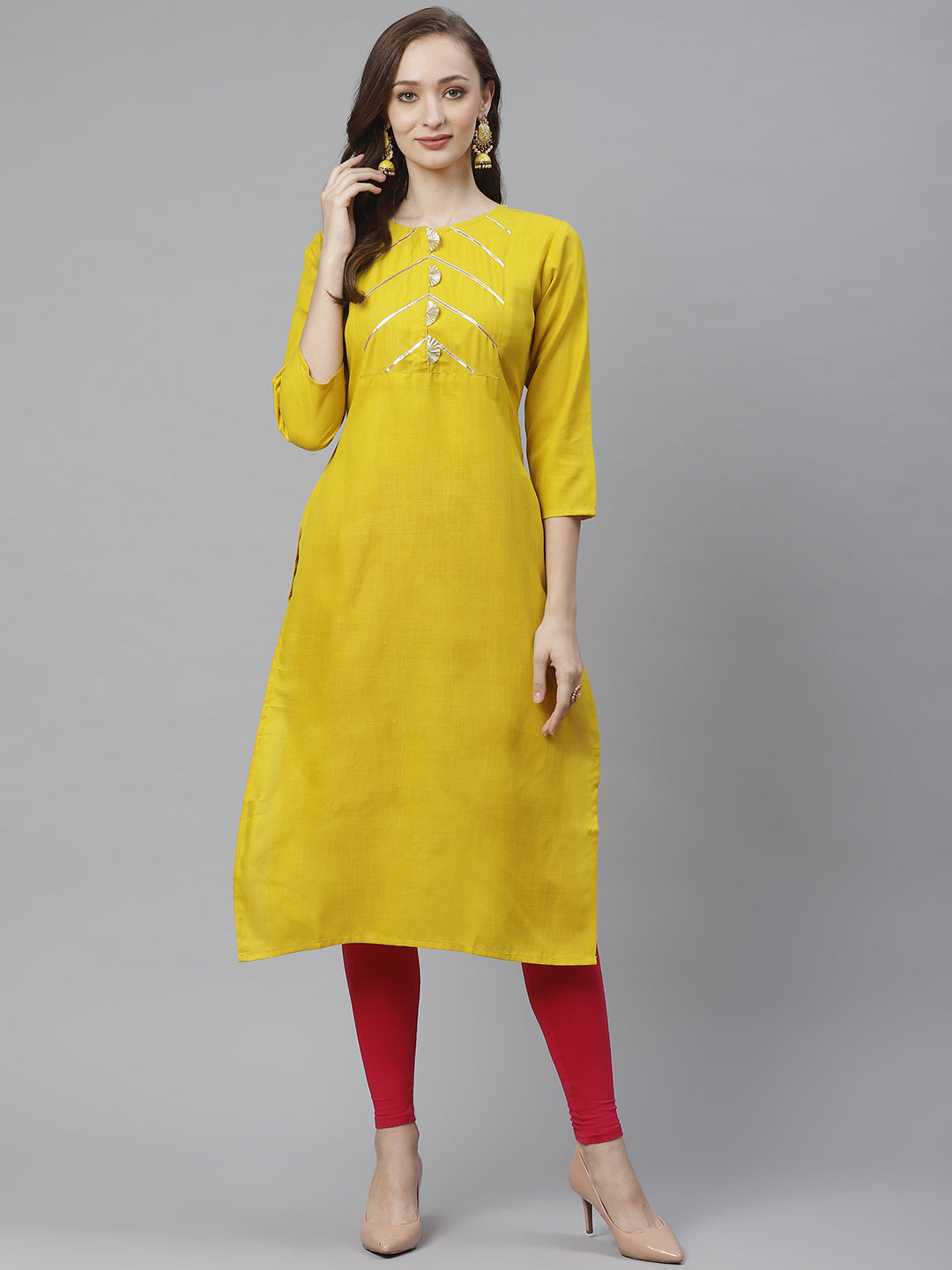 Bhama Couture Mustard Yellow Gotta Patti Lace Detailed Yoke Design Straight Kurta