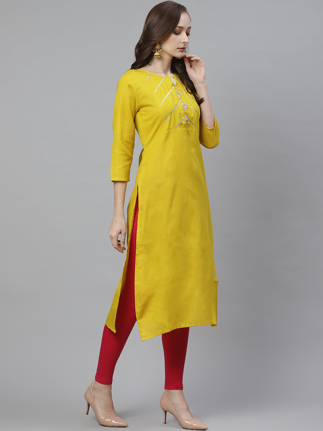 Bhama Couture Mustard Yellow Gotta Patti Lace Detailed Yoke Design Straight Kurta