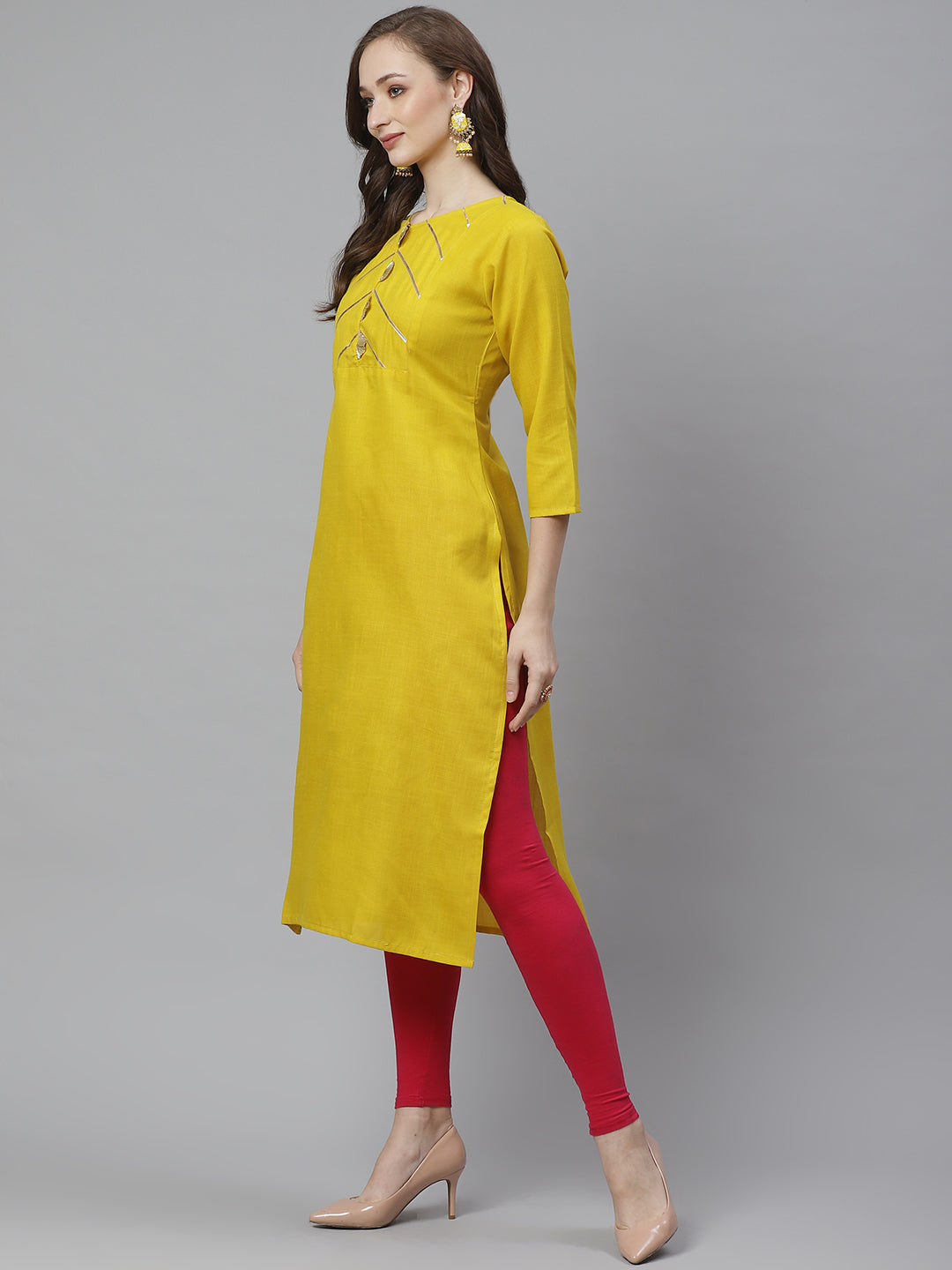 Bhama Couture Mustard Yellow Gotta Patti Lace Detailed Yoke Design Straight Kurta