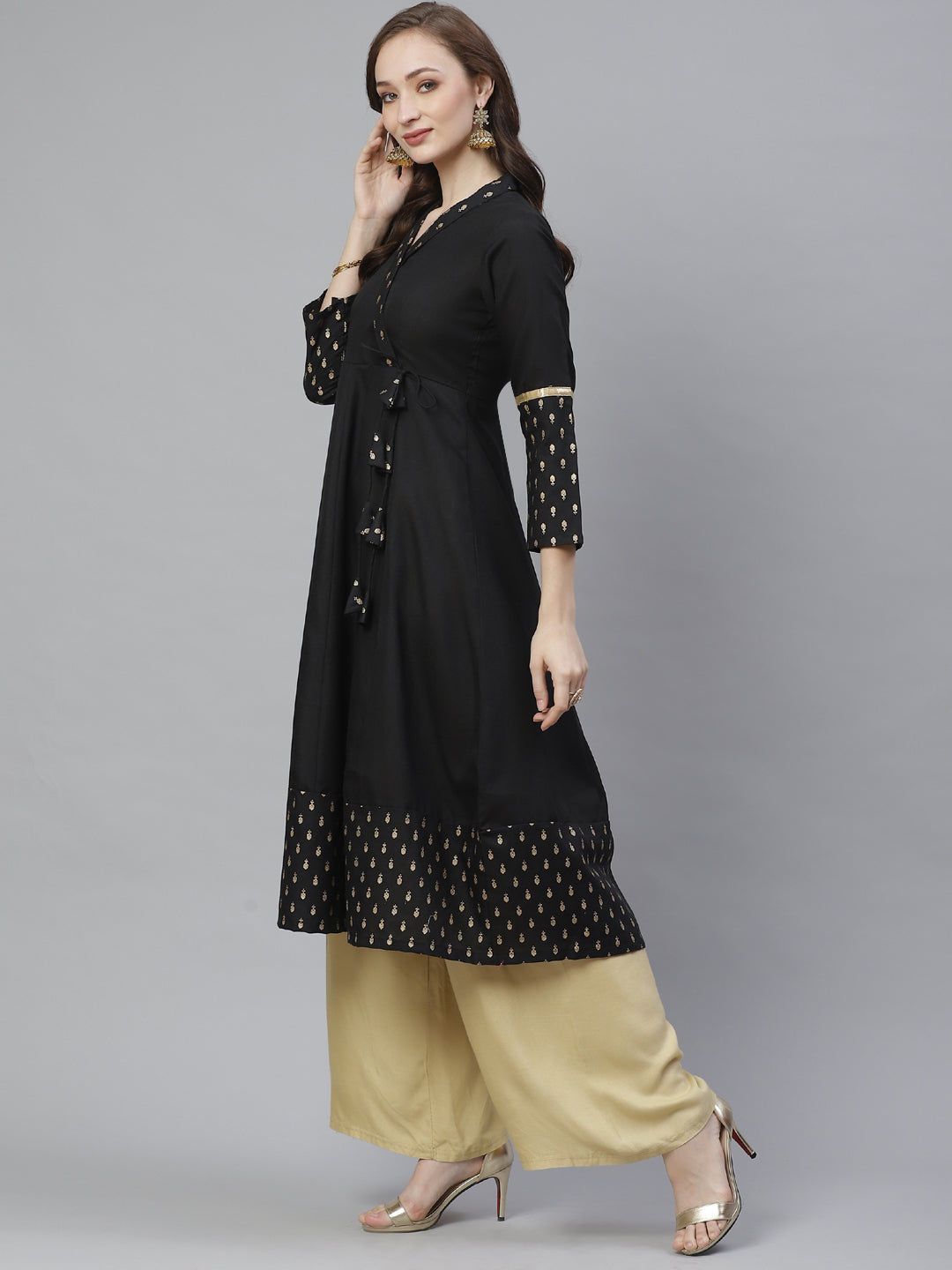 Bhama Couture Women Black & Golden Ethnic Print Anarkali Kurta