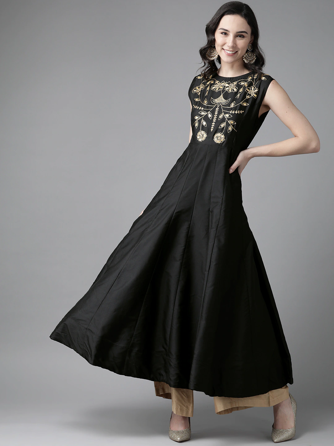 Bhama Couture Women Black Ethnic Motifs Yoke Design Thread Work Kurta