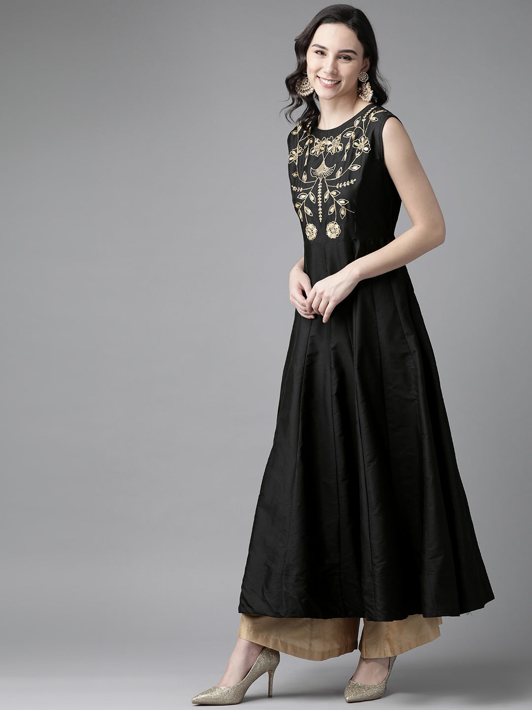 Bhama Couture Women Black Ethnic Motifs Yoke Design Thread Work Kurta