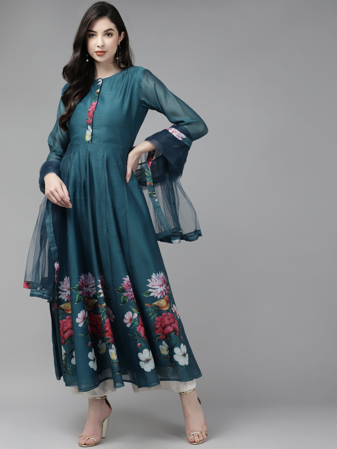 Teal Blue Floral Printed Chanderi Silk Anarkali Kurta With Dupatta
