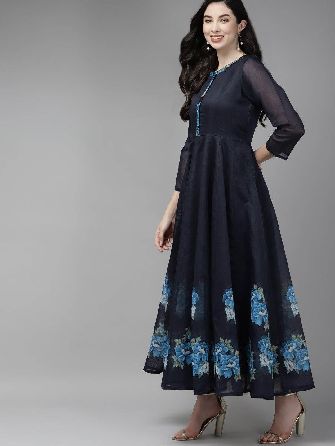 Navy Blue Floral Printed Chanderi Silk Anarkali Kurta With Dupatta