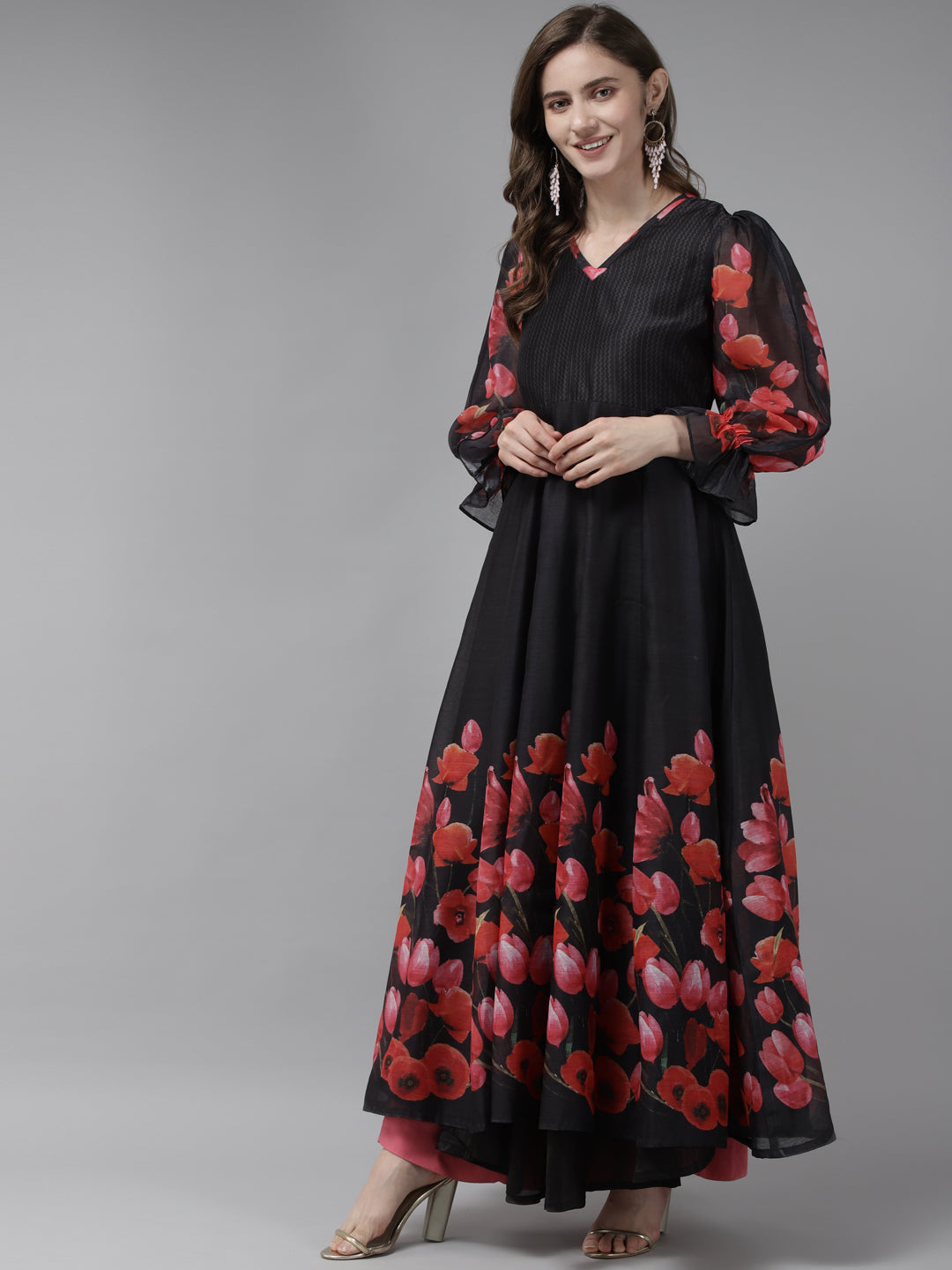 Black Floral Printed Chanderi Silk Anarkali Kurta With Dupatta