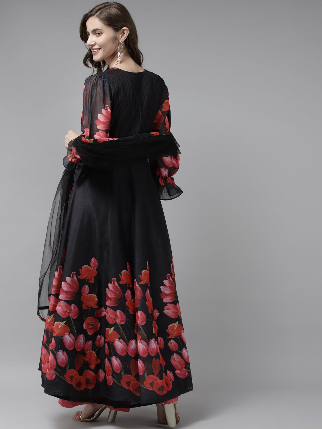 Black Floral Printed Chanderi Silk Anarkali Kurta With Dupatta