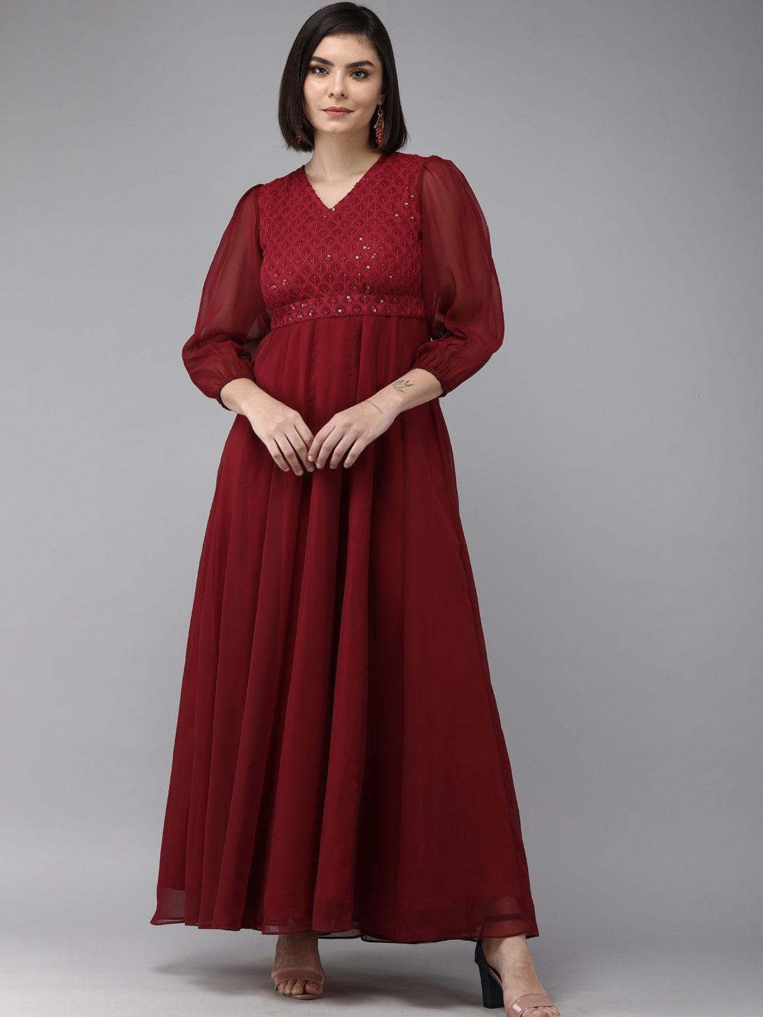 Bhama Couture Maroon Geogette Sequence Embellished Maxi Dress