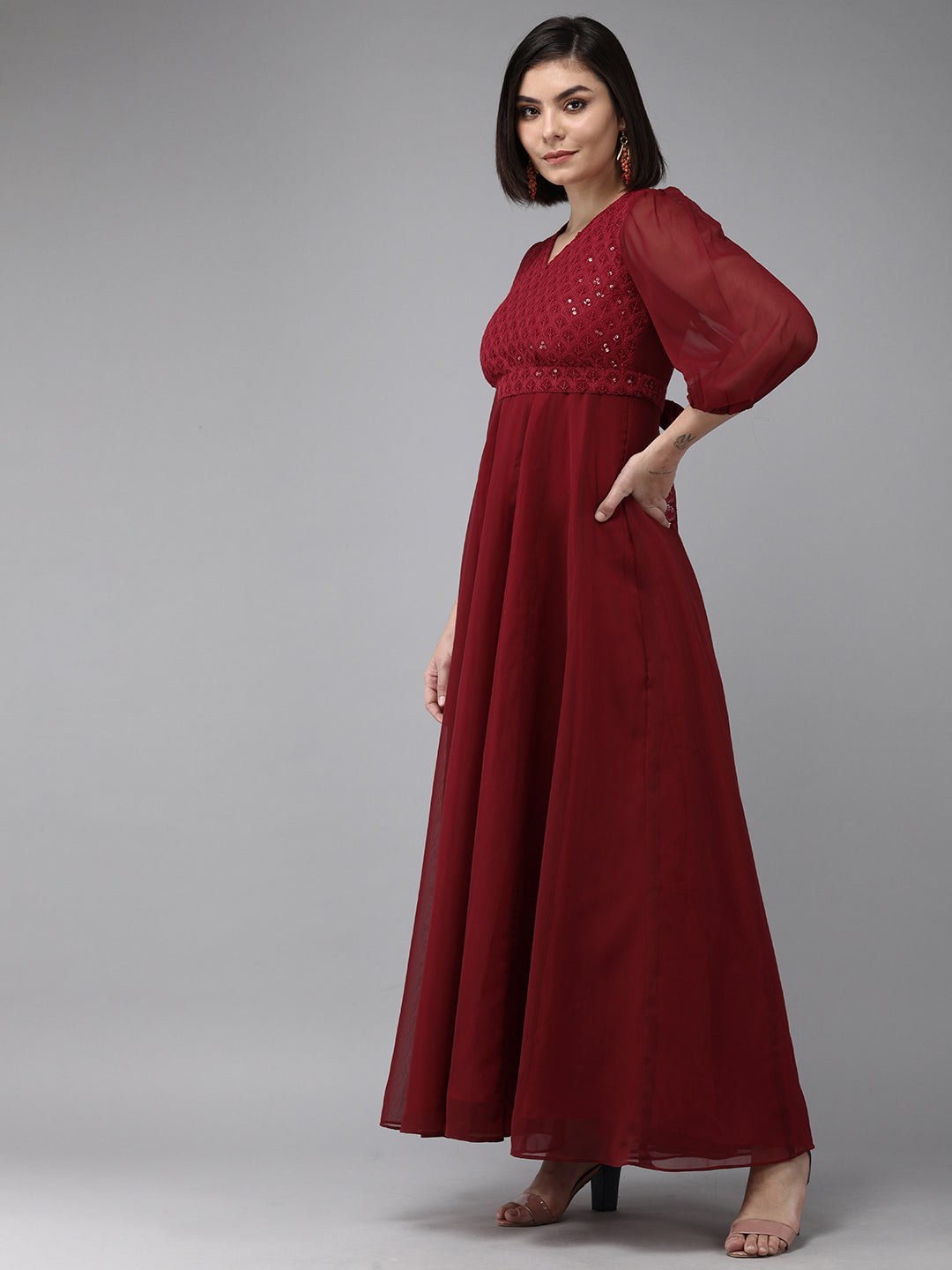 Bhama Couture Maroon Geogette Sequence Embellished Maxi Dress