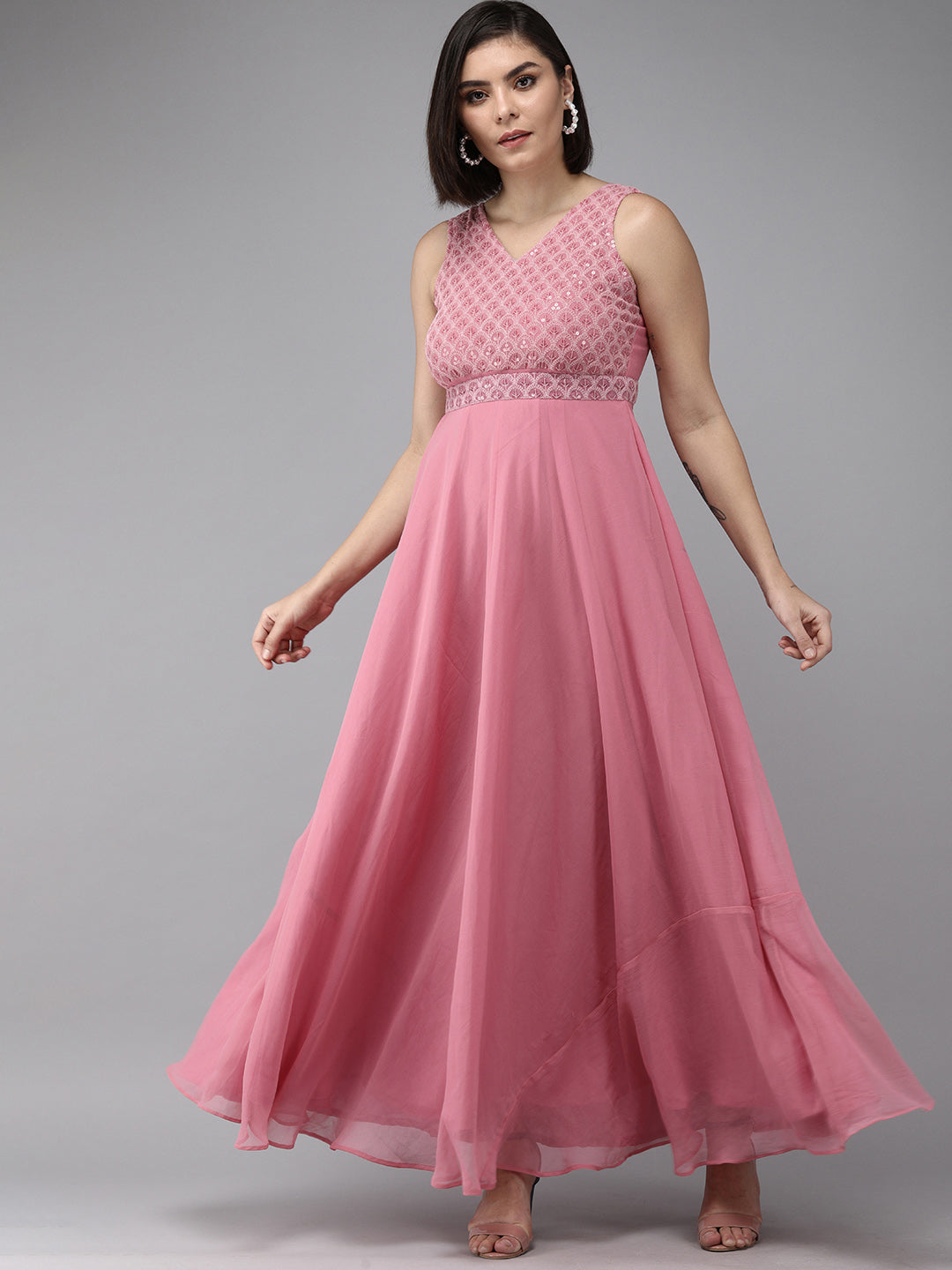 Bhama Couture Onion Pink Geogette Sequence Embellished Maxi Dress