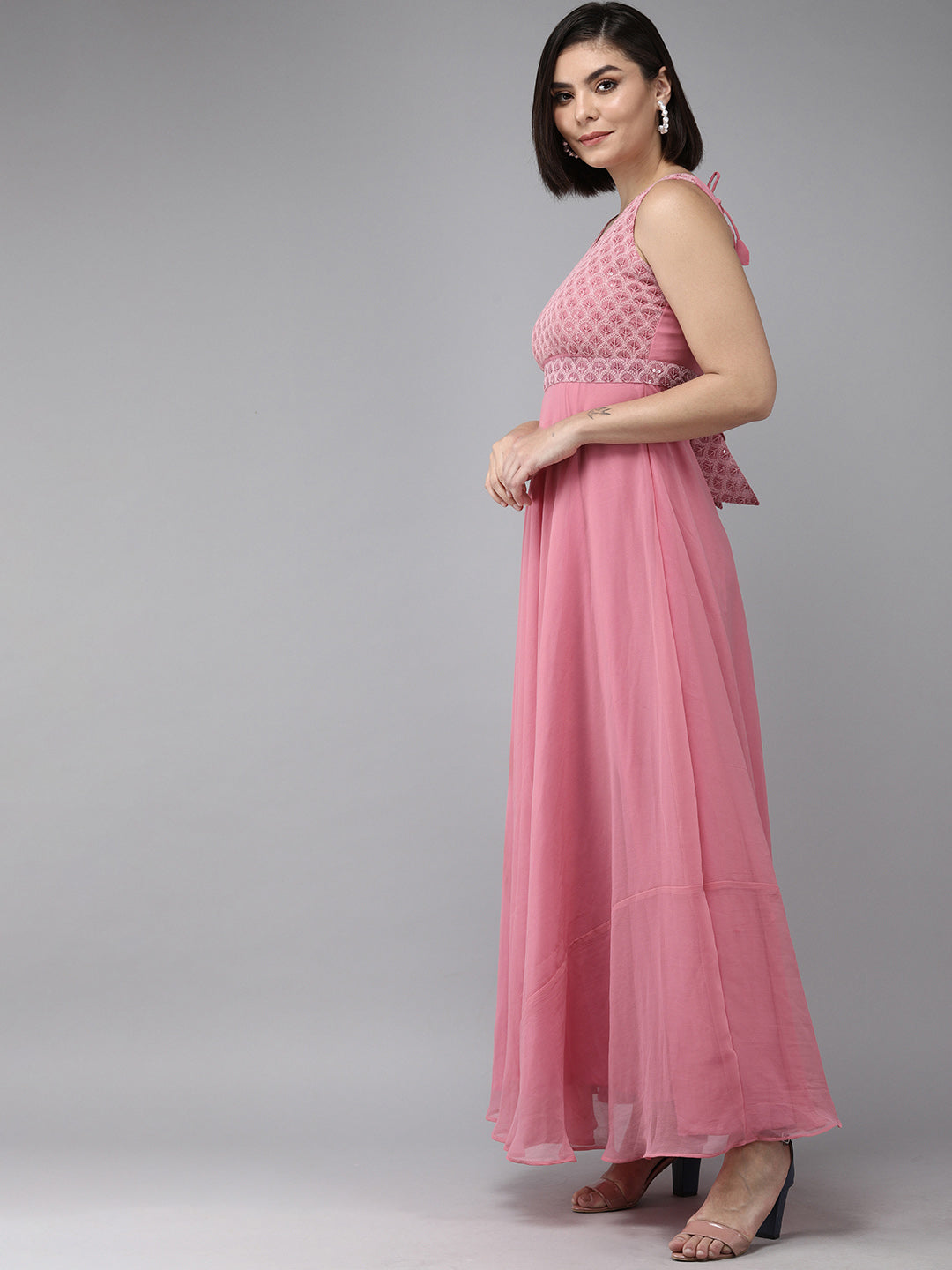 Bhama Couture Onion Pink Geogette Sequence Embellished Maxi Dress