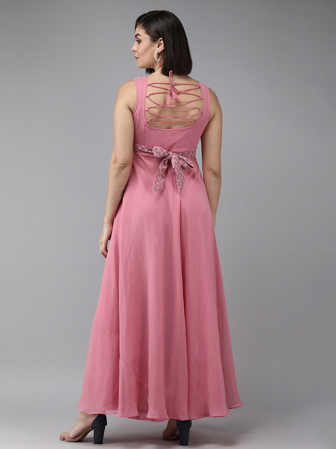 Bhama Couture Onion Pink Geogette Sequence Embellished Maxi Dress