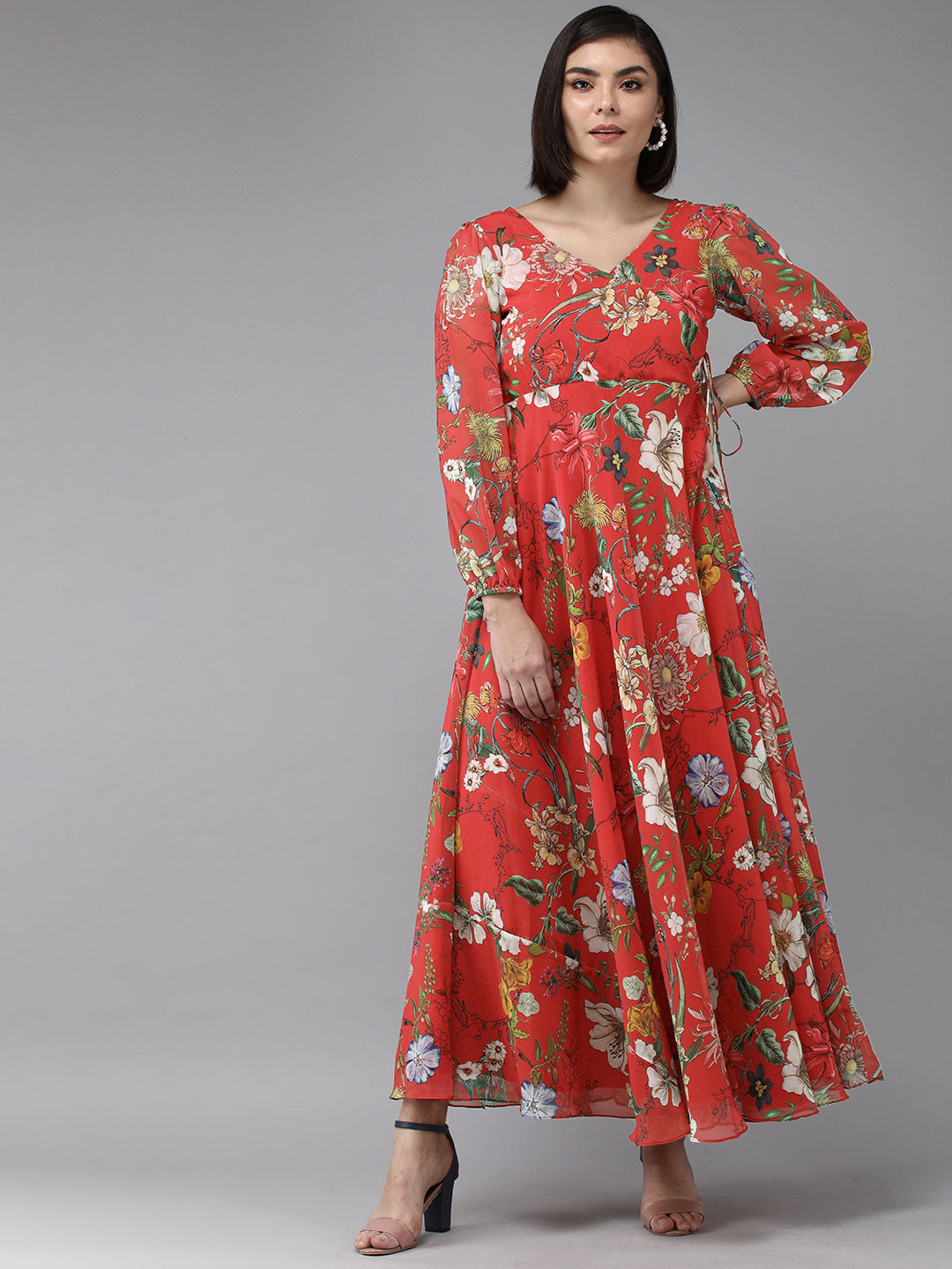 Bhama Couture Red Floral Geogette Maxi Dress