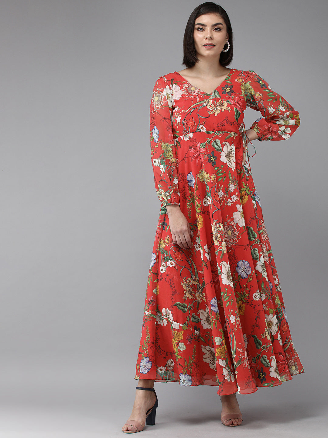 Bhama Couture Red Floral Geogette Maxi Dress