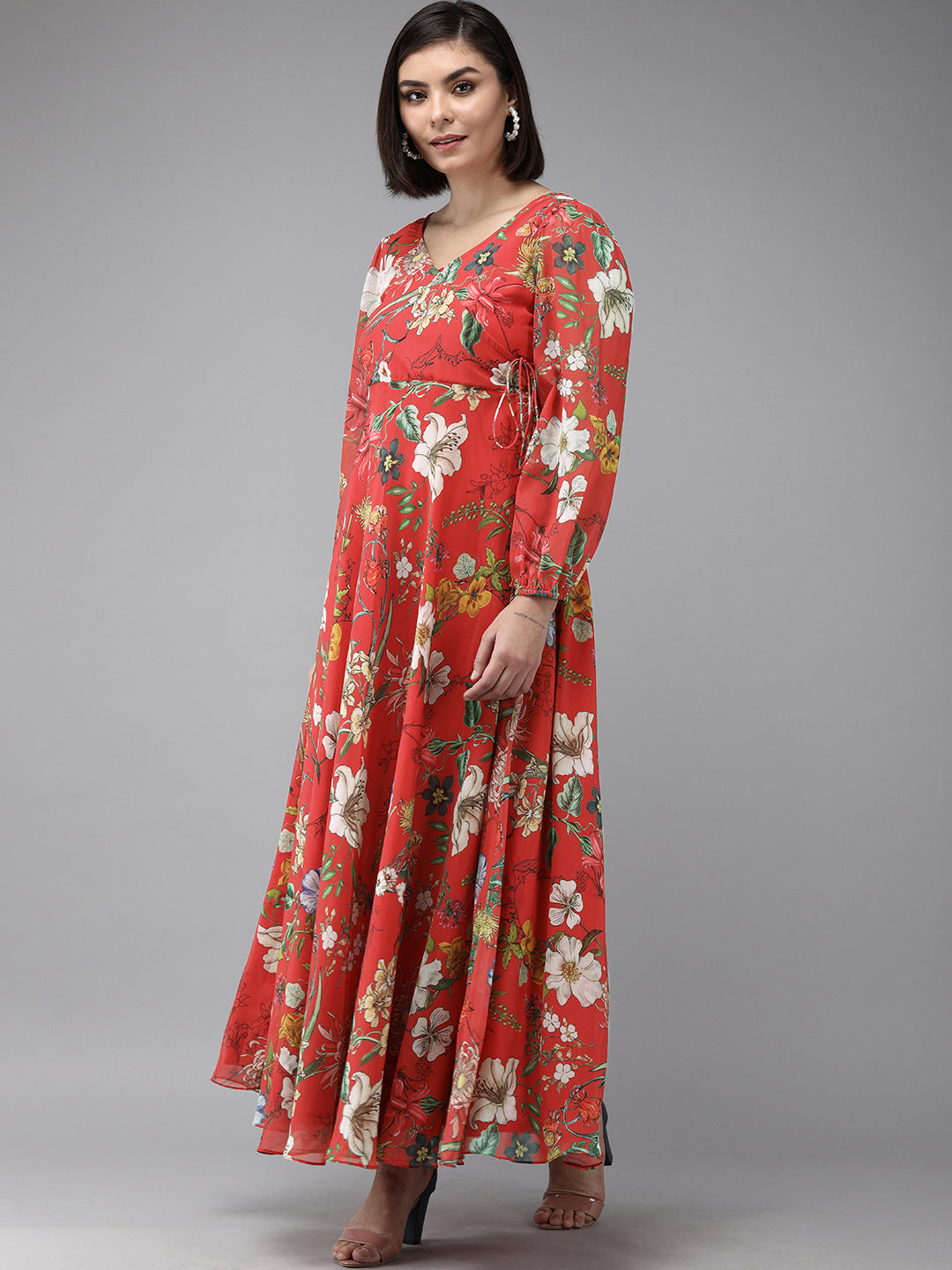 Bhama Couture Red Floral Geogette Maxi Dress
