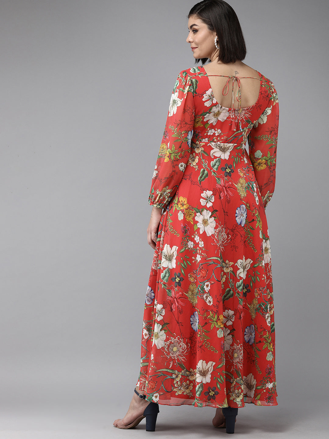 Bhama Couture Red Floral Geogette Maxi Dress