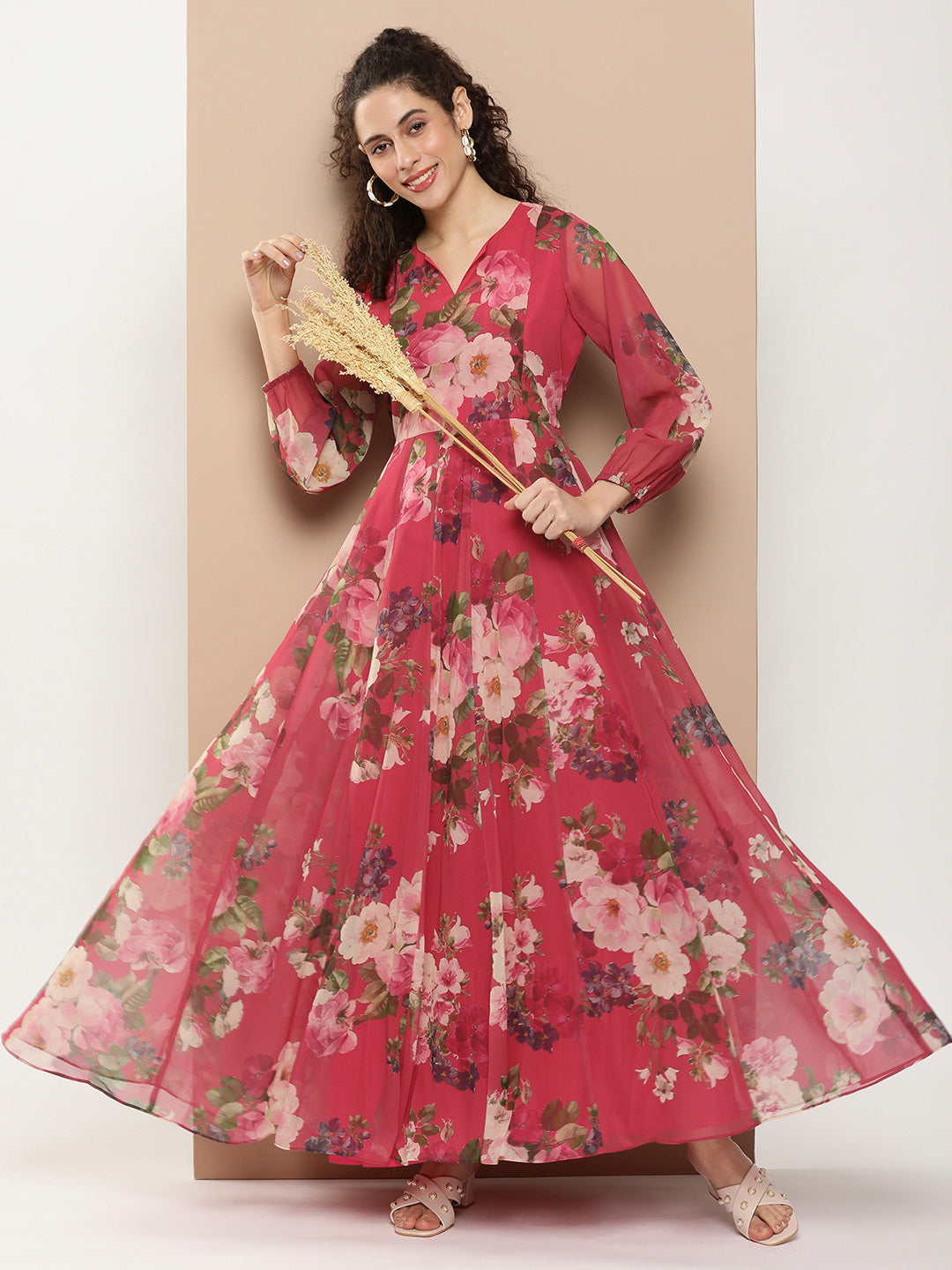 Bhama Couture Fuchsia Printed Long Dress With Waist Belt
