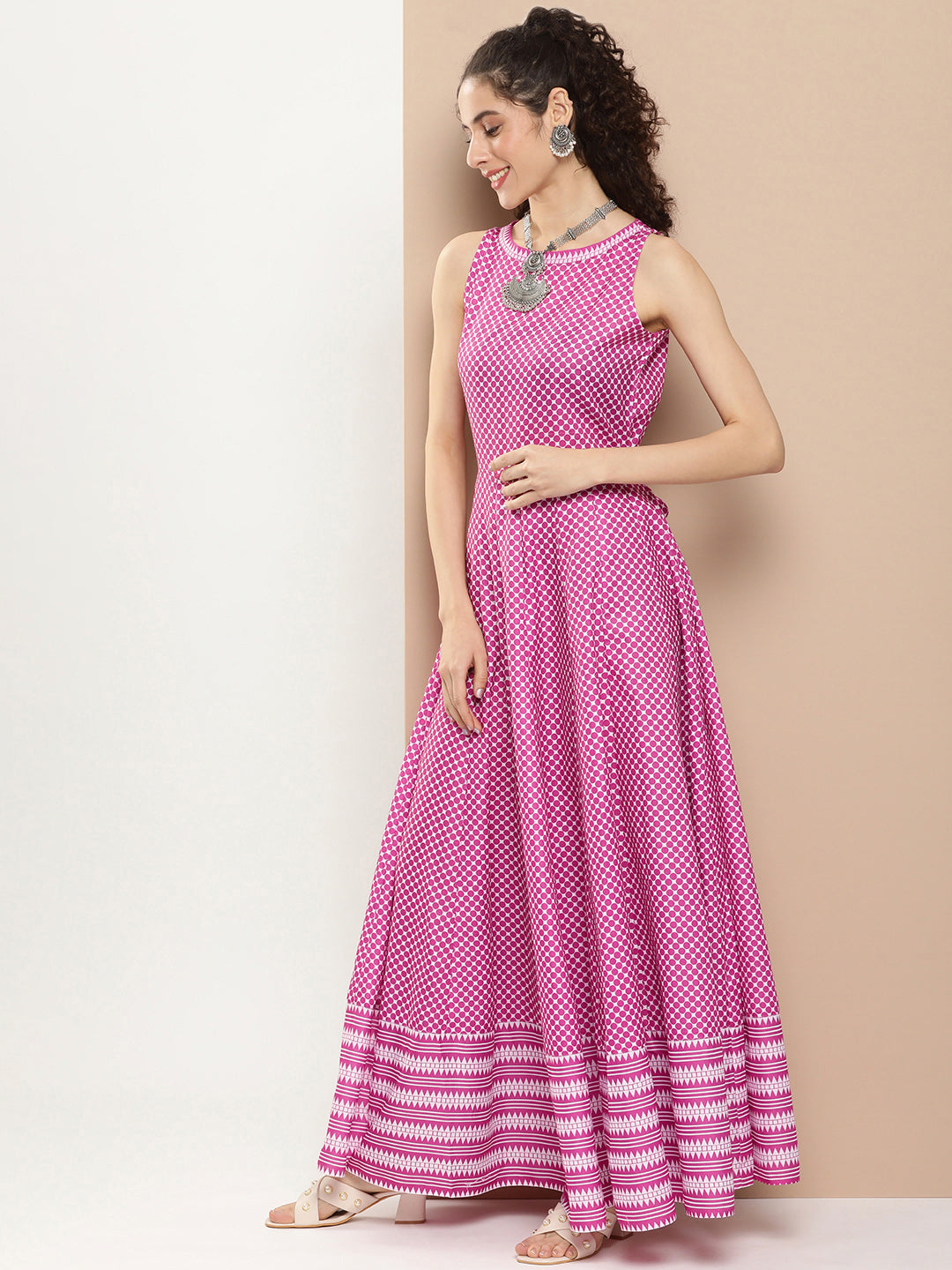 Bhama Couture Pink Polka Dots Long Dress With Waist Belt