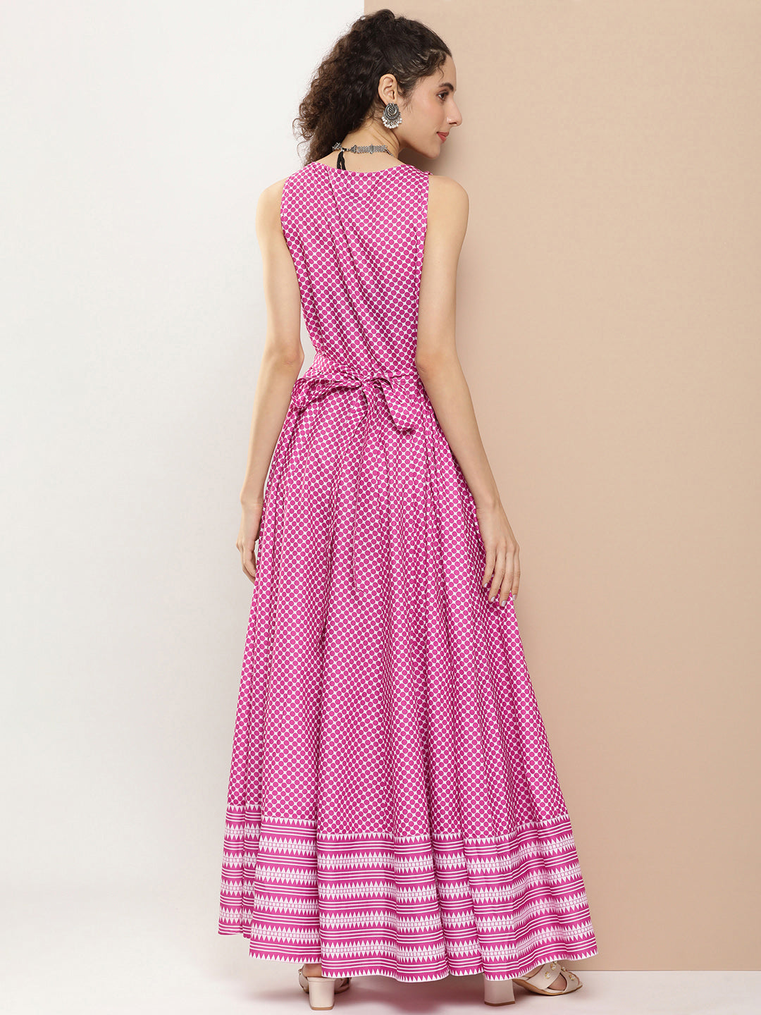 Bhama Couture Pink Polka Dots Long Dress With Waist Belt