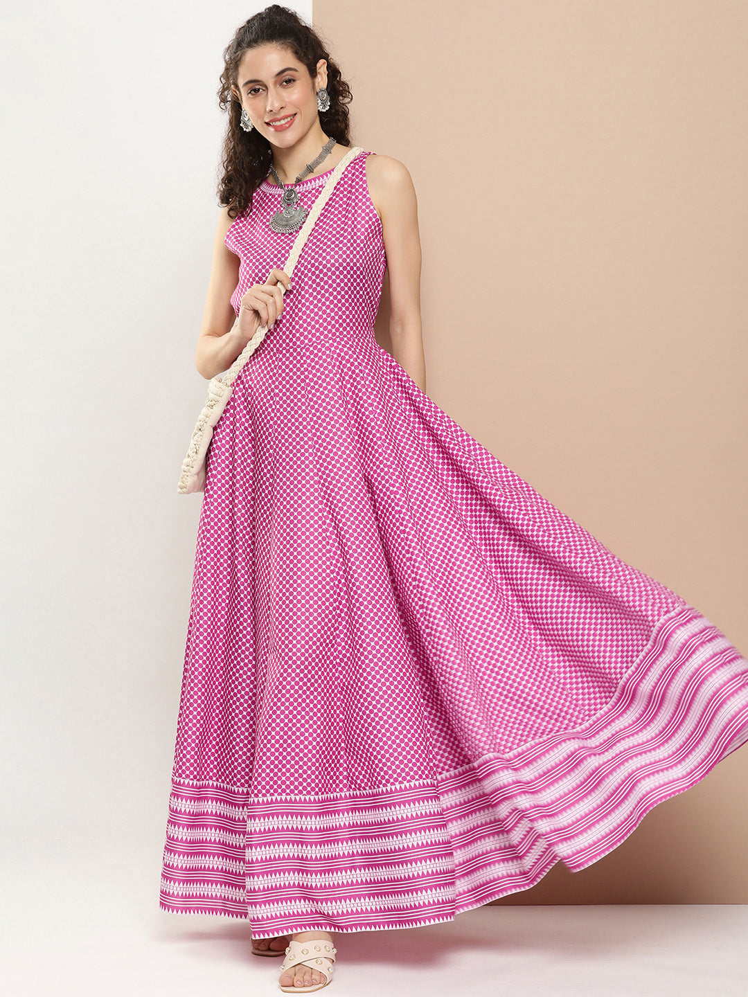 Bhama Couture Pink Polka Dots Long Dress With Waist Belt
