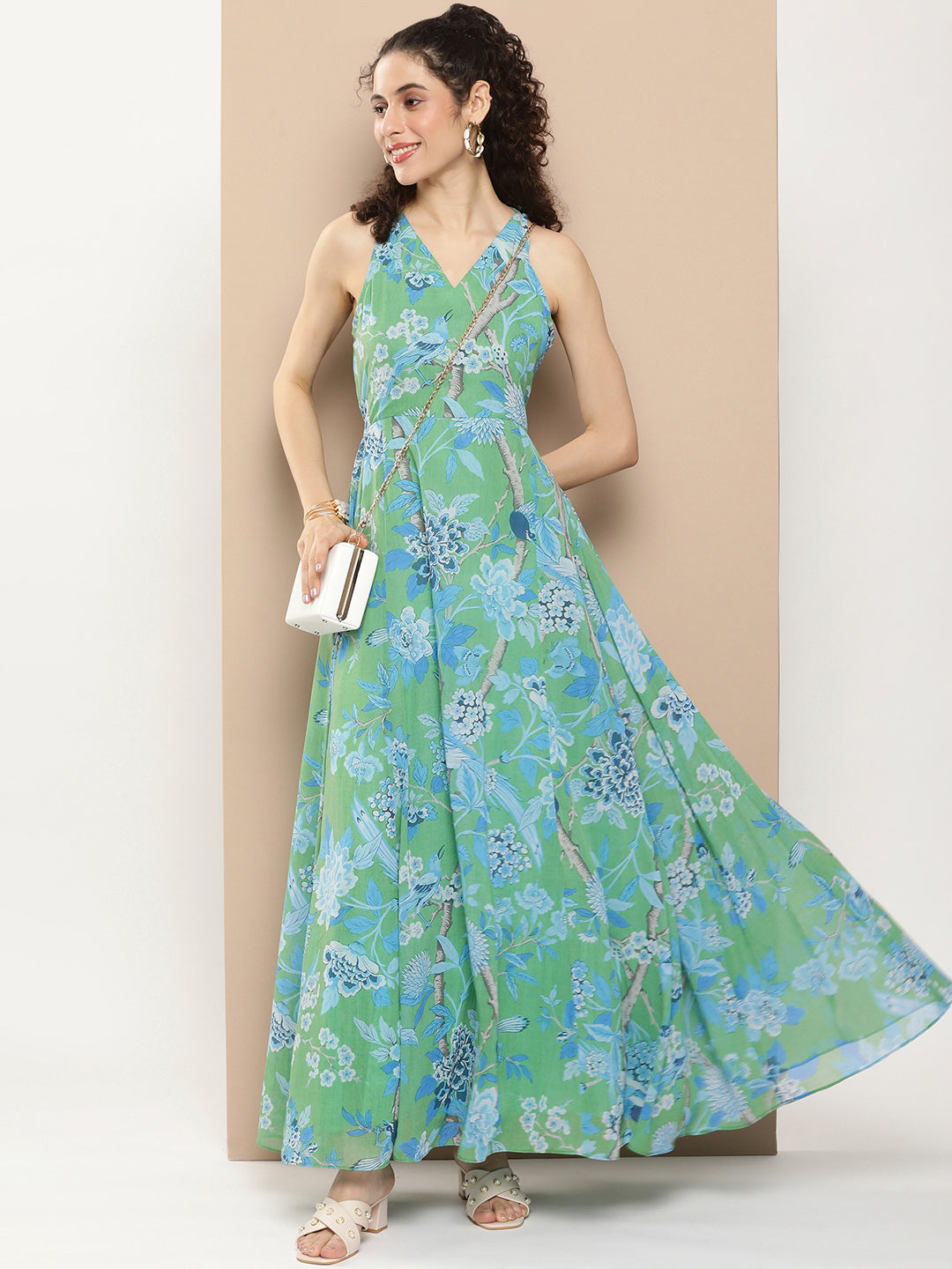 Bhama Couture Green Printed Long Dress With Waist Belt