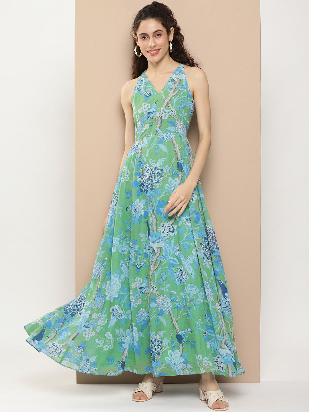 Bhama Couture Green Printed Long Dress With Waist Belt