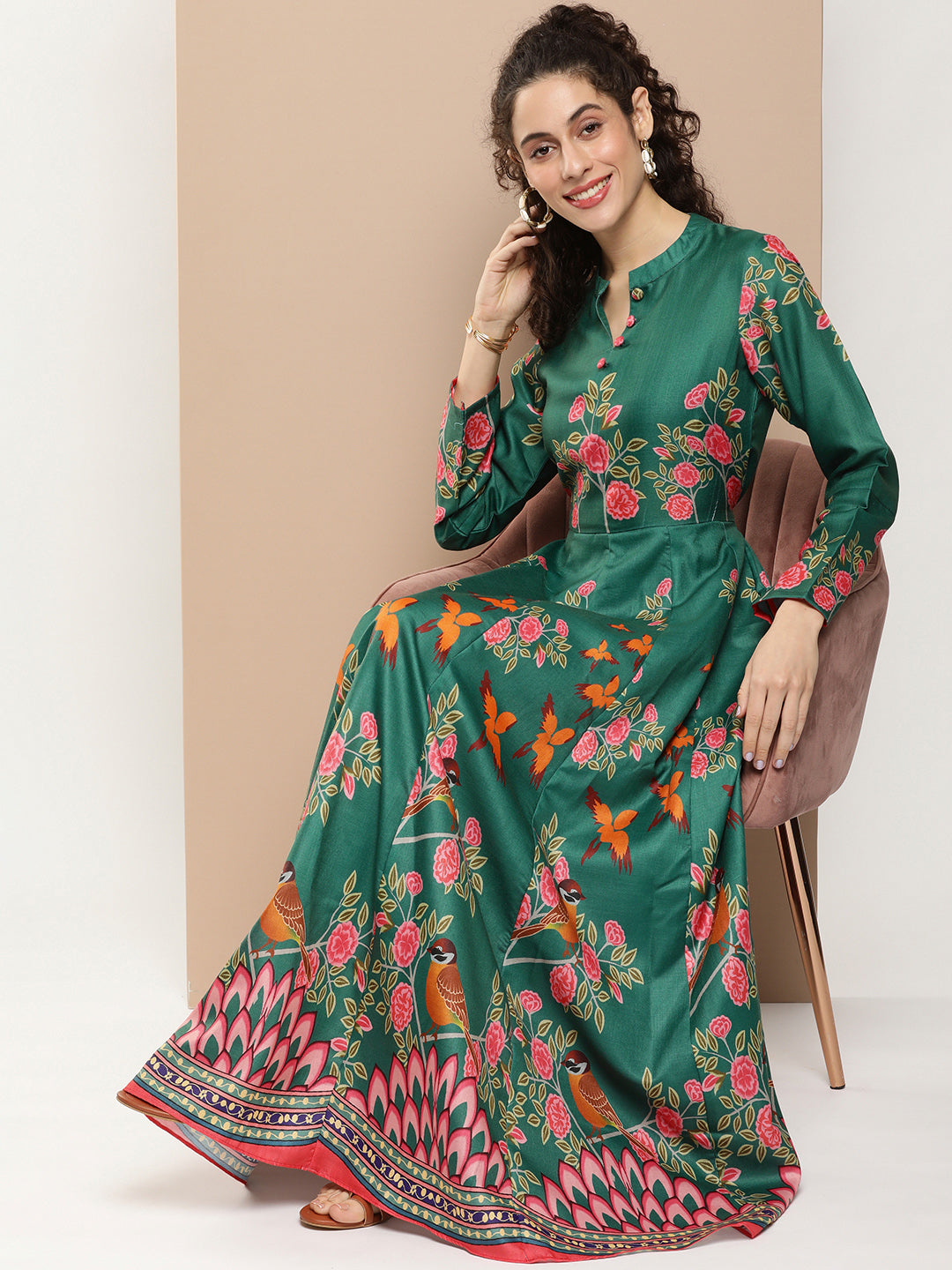 Bhama Couture Green Printed Long Dress With Waist Belt