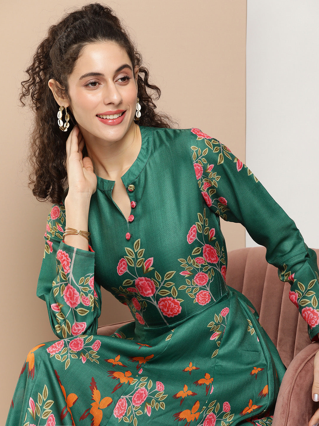 Bhama Couture Green Printed Long Dress With Waist Belt