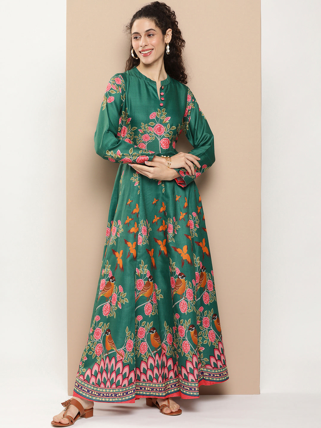 Bhama Couture Green Printed Long Dress With Waist Belt