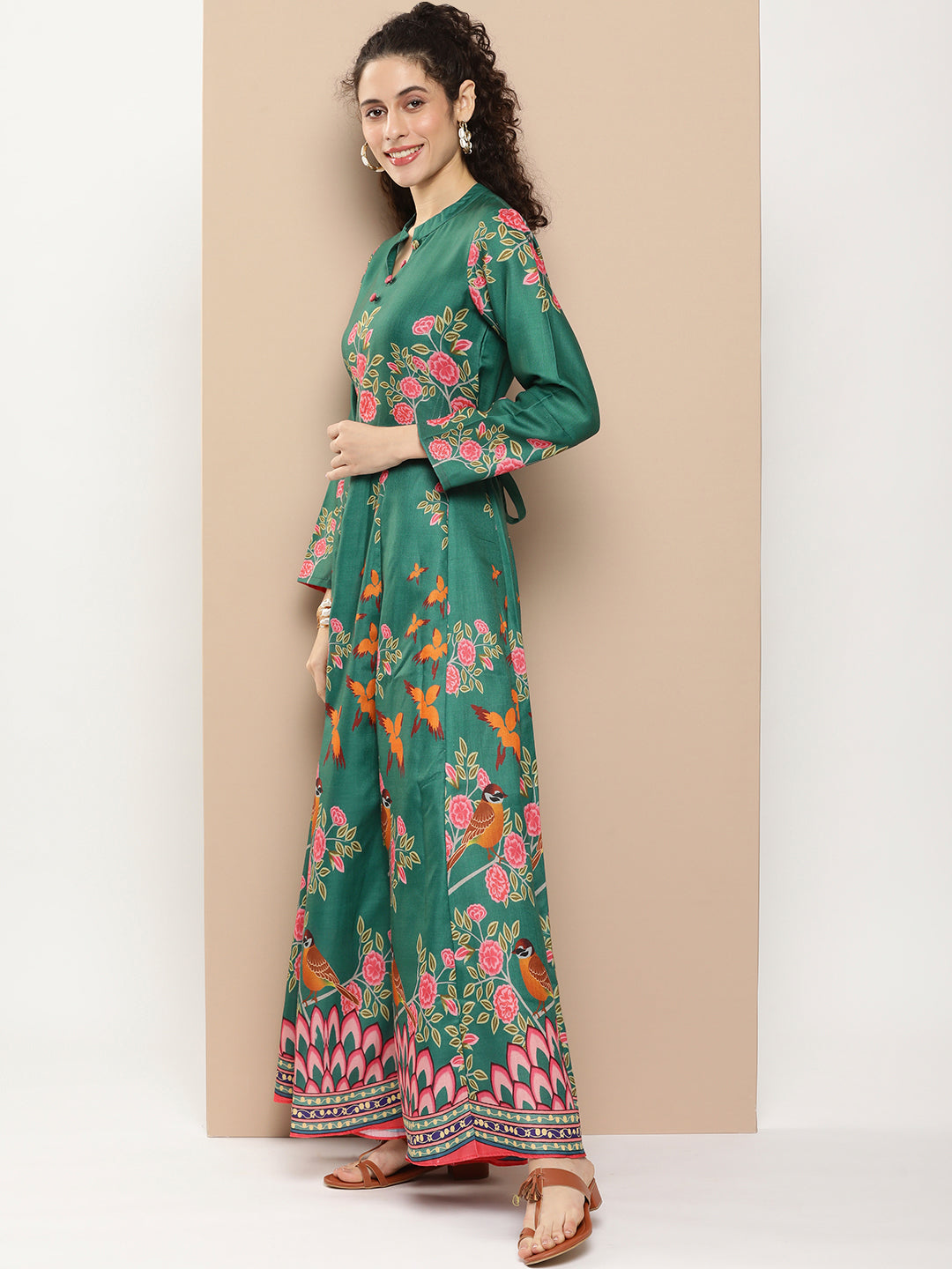 Bhama Couture Green Printed Long Dress With Waist Belt