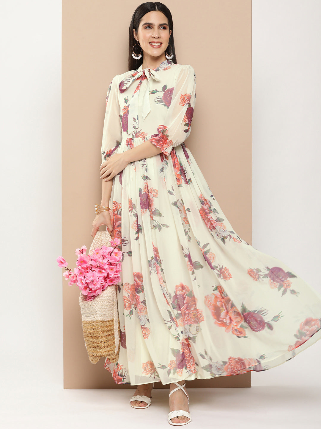 Bhama Couture Off White Printed Long Dress With Waist Belt